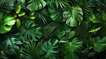 This is a colorful image of a bunch of green tropical leaves. The leaves are arranged in a dense cluster, creating a lush green foliage. 