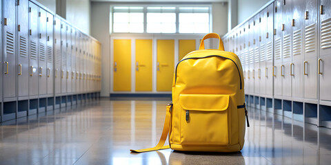 Yellow school backpack. School corridor