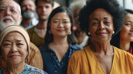 Fototapeta premium A group of diverse individuals, primarily older women, stand together smiling, exuding a sense of community and warmth in an inclusive environment.