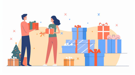 Customers are getting gifts. Man and woman are by gift boxes. Gifts, presents, and surprises for regular buyers. Marketing and ads. Cartoon flat vector art