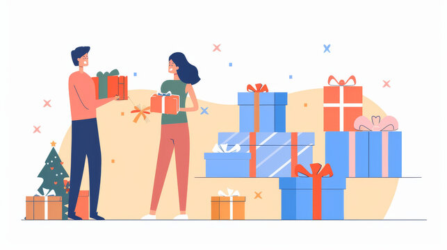 Customers are getting gifts. Man and woman are by gift boxes. Gifts, presents, and surprises for regular buyers. Marketing and ads. Cartoon flat vector art