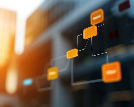 Abstract flowchart illustration with orange boxes connected by lines, signifying process management and business solutions.