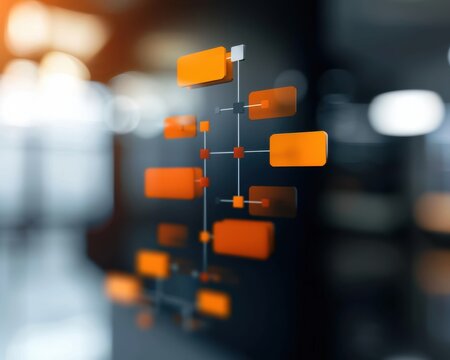 Abstract digital flowchart with glowing orange rectangles on a dark, blurred background, representing technology or network processes.