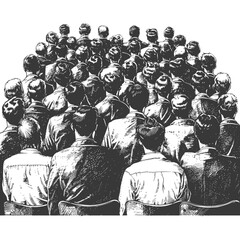 Audience Heads: Engraved Crowd, Back View, Seated, Monochrome Graphic