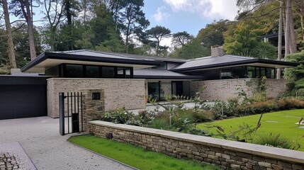 A modern brick house with a black roof and large windows sits amongst a lush green lawn and tall trees