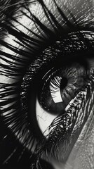 Obraz premium Wispy eyelashes frame a striking and detailed eye in this dramatic closeup. Black and white art