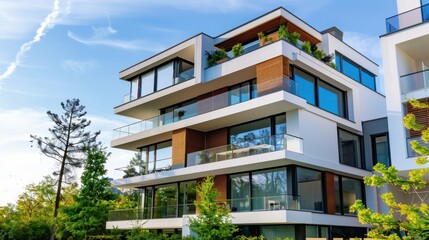 Modern residential apartment building with large windows and green trees in the background under a clear blue sky.