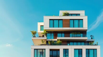 Modern luxury apartment building with large windows and terraces against a clear blue sky, showcasing contemporary urban architecture.