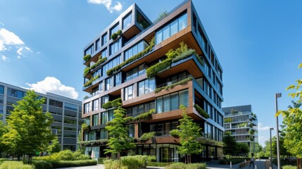 Modern eco-friendly apartment building with lush greenery, large windows, and balconies on a sunny day in an urban environment.