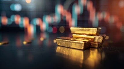 Stack of gold bars on a table with a blurry financial chart in the background, representing investment and economic growth.