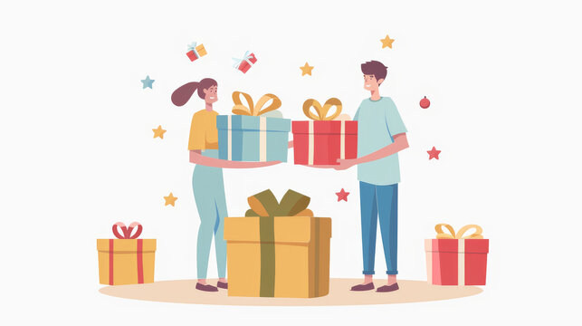 Customers are getting gifts. Man and woman are by gift boxes. Gifts, presents, and surprises for regular buyers. Marketing and ads. Cartoon flat vector art