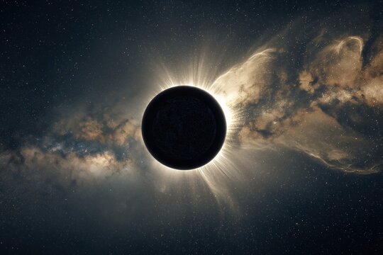 Solar eclipse with detailed view of corona and stars