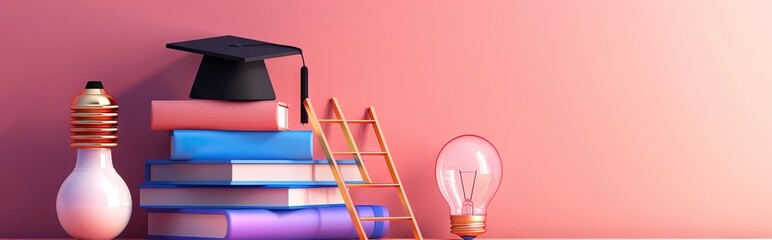 Graduation cap on books, back to school concept 3D rendering. AI generated illustration