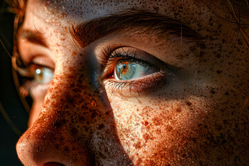 CloseUp Shot of a Face with Freckles, BlueGreen Eyes, and Sunlight Streaming in