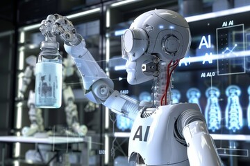 Fototapeta premium AI robot examining plant, artificial intelligence, digital interaction, advanced tech, futuristic robotics, smart environmental design