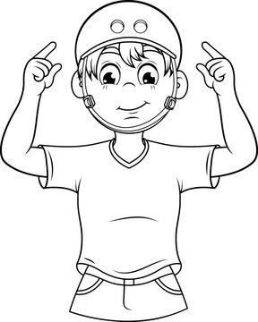 Ni&ntilde;o visto de frente apuntando con sus dedos de ambas manos su casco de seguridad que usa cuando maneja bicicleta, ilustracion vectorial en blanco y negro.
