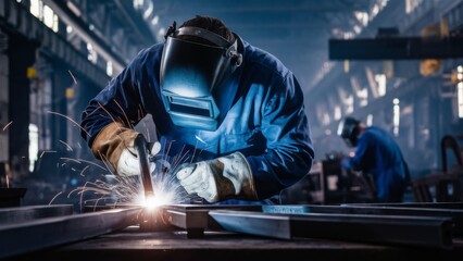 A man welding metal in a factory with other workers nearby, AI