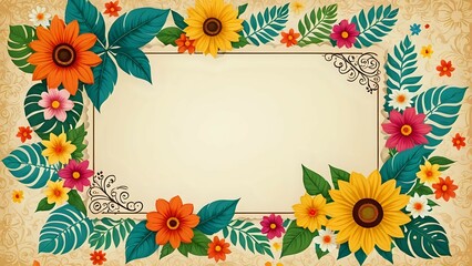 Obraz premium Summer background frame with blank paper texture in the middle and floral elements in retro style