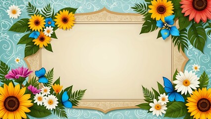 Obraz premium Summer background frame with blank paper texture in the middle and floral elements in retro style