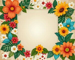 Obraz premium Summer background frame with blank paper texture in the middle and floral elements in retro style