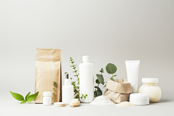 Minimalistic natural beauty product composition with no labels. Space for copy