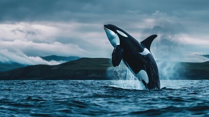 Obraz premium An orca whale breaching in a sea of deep blue, surrounded by distant fog-covered hills and a cloudy sky