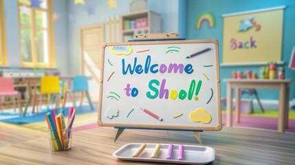 A white dry-erase board with colorful letters spelling out Welcome to School! sits on a wooden table in a brightly colored classroom