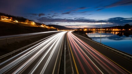 A highway with cars driving on it at night, AI