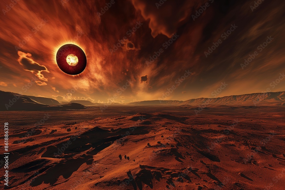 Wall mural realistic image of a solar eclipse observed from mars
