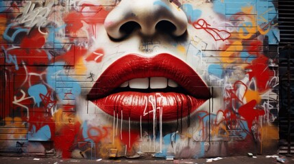 Urban expression  vibrant lips and graffiti collage on newspaper, a modern art interpretation
