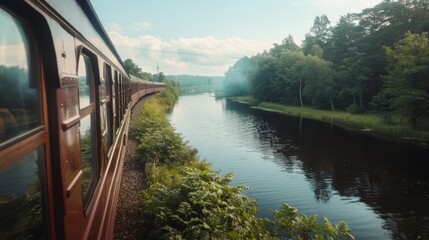 Fototapeta premium The tranquil train ride allows passengers to escape into the peacefulness of serene rivers and tranquil lakes.