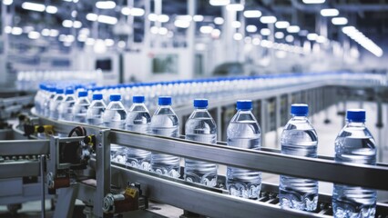 A conveyor belt with bottles of water on it in a factory, AI