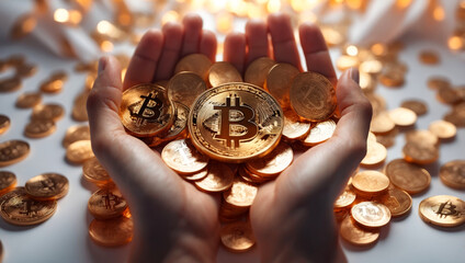 Hands filled with Bitcoins