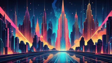 Funky synth wave night cityscape in pop art style