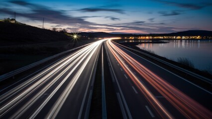 A highway with cars driving on it at night, AI