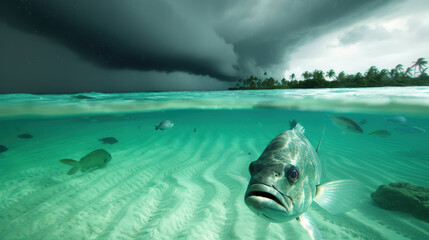 Fototapeta premium Large fish is swimming in shallow water near a tropical island as a storm approaches