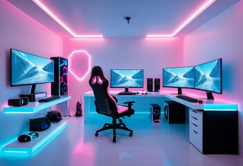 minimalist computer gaming room in white with neon lights in ice blue and pink tones
