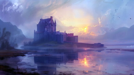 Fototapeta premium Pastel dawn over a historic castle