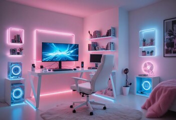 minimalist computer gaming room in white with neon lights in ice blue and pink tones
