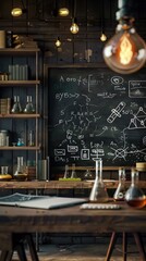 Science blackboard with math. Real physical equations of relativity theory, string theory and quantum mechanics. AI generated illustration