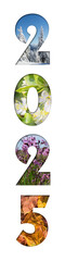Number 2025 from four seasons photos for calendar, flyer, poster, postcard, banner. Vertical image.