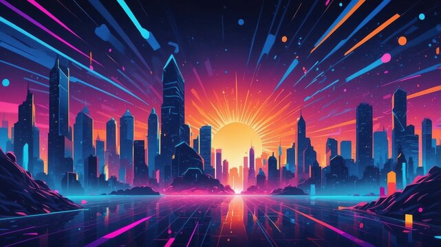 Funky synth wave night cityscape in pop art style