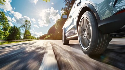 Close-Up of Car Tire on Scenic Road with Motion Blur, Capturing Speed and Freedom of Road Trips, Generative AI