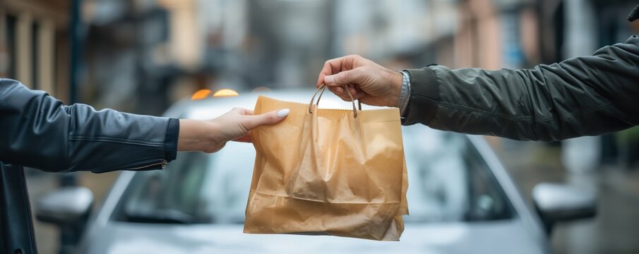 Close-up of hands exchanging a brown paper bag, with a car in the background, signifying food delivery or package transfer in an urban setting.
