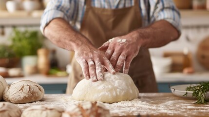 Fototapeta premium Baker kneading dough on a floured surface in a kitchen. Homemade bread baking concept. Close-up food photography.