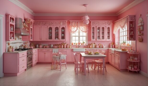Bright pink kitchen with lace curtains and decor