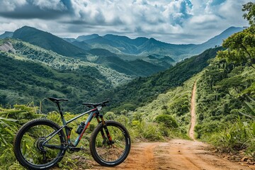 Fototapeta premium Experience the adrenaline rush in this action-packed illustration of multiple mountain bikers speeding along a dirt road amidst towering tree-covered mountains