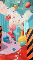 A vibrant, abstract landscape of colorful spheres, candy, and geometric shapes