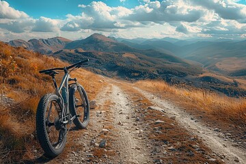 Fototapeta premium Experience the adrenaline rush in this action-packed illustration of multiple mountain bikers speeding along a dirt road amidst towering tree-covered mountains