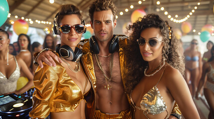 A DJ in gold headphones and jacket stands with two smiling women in gold and silver bikini tops at a tropical beach party with colorful decorations and other people in the background